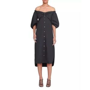 STAUD Reese Women's Black Puff Sleeve Poplin Belted Off-Shoulder Midi Dress Medi